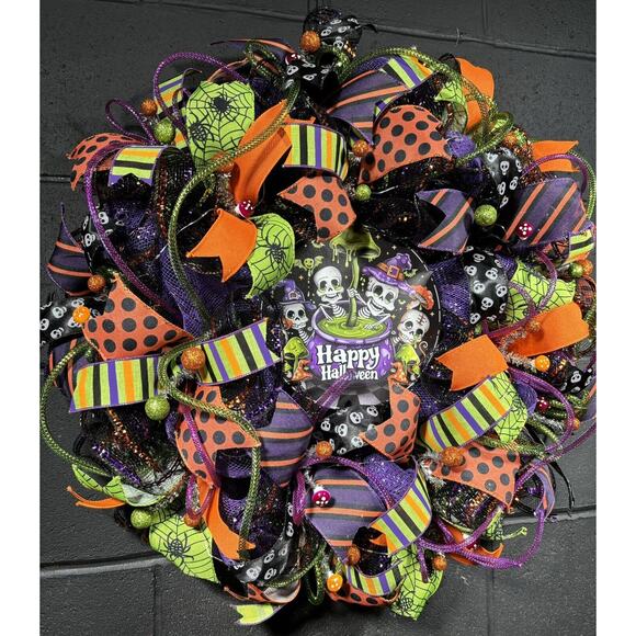 Handmade Halloween Skeleton Wreath – Bright Deco Mesh Door Decor - Picture 2 of 7